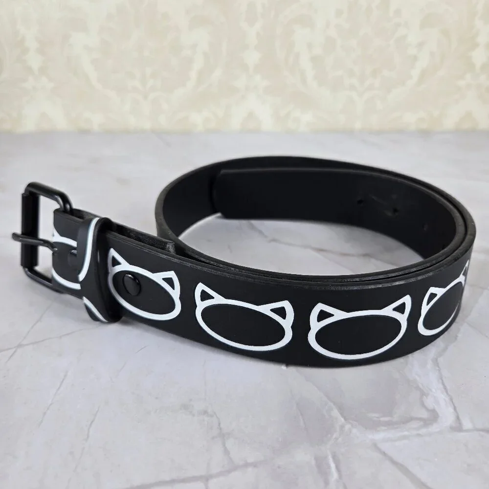 Ladies Belt Sz Medium Black with Repeating White Cat Head Graphics Faux Leather